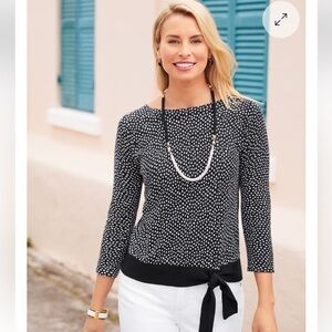Talbots womens dotted side tie boat neck sweater black white polka dot size PXL